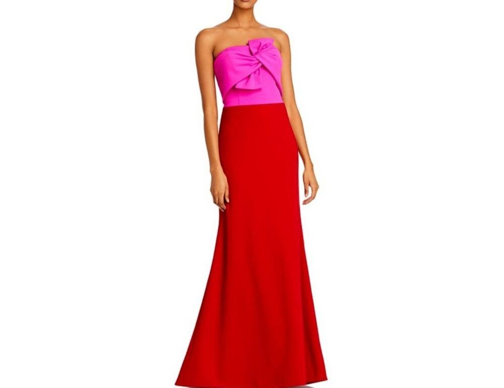 Aqua Strapless Color-blocked Bow-Front Gown Size 6 Red/Pink